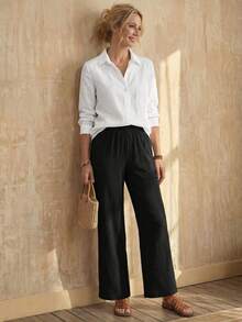 EMERY ROSE Solid Elastic Waist Straight Leg Pants - Black - View 3