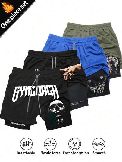 Manfinity Sport Corelite Pantalones cortos deportivos casuales con estampado gráfico y de letras, con cordón en la cintura para hombres