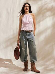 Easelle 女士浅紫色褶皱细肩带系带吊带背心，春夏款 - 淡紫色 - 查看 3