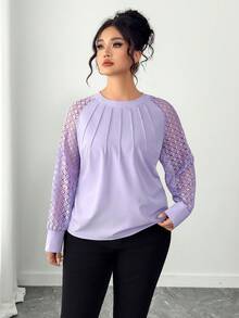 Elenzga Plus Size Women Casual Round Neck Lace Patchwork Long Sleeve Solid Color T-Shirt - Purple - View 3