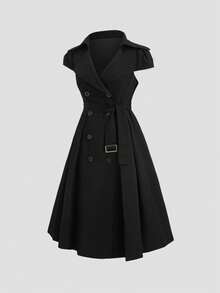 Sweetra Women's Black Lapel Flared A-Line Waist Belt High-End Chic Retro European & American Style Vacation Trench Coat - Black - View 8