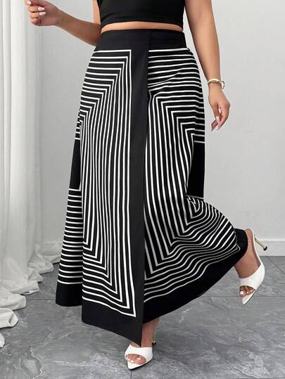 Elenzga Falda evasé con estampado geométrico de rayas en blanco y negro con ribete de contraste, adecuada para primavera/verano, uso casual de oficina, talla grande
