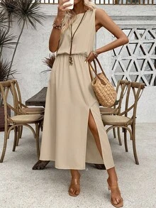 Breezaya 女士无袖圆领收腰开衩纯色休闲通勤连衣裙 - 卡其色 - 查看 5