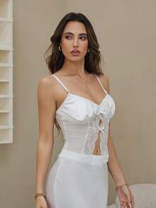 SHEIN 女士撞色蕾丝蝴蝶结装饰开衩性感吊带睡衣上衣 - 白色 - 查看 4