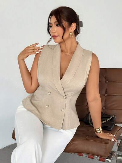 Firerie Plus Size Summer Casual/Office Solid Color Double-Breasted Vest