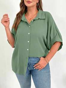 SHEIN Essnce Áo sơ mi nữ cỡ lớn thời trang xuân hè, dáng rộng thoải mái, đa năng, ôm nhẹ, màu đen cài nút, kiểu dáng đơn giản, thích hợp mặc hàng ngày, áo kiểu công sở, áo đồng phục giáo viên. - Màu xanh Bạc hà - Xem 4