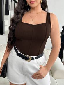 SHEIN Frenchy Women's Plus Size Solid Color Fishbone Press Line Camisole Summer Top - Brown - View 4