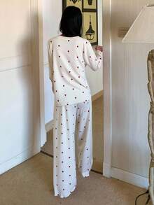 DAZY 两件套女士宽松荷叶边心形开衫和裤子睡衣套装，春秋季 - 米色 - 查看 2