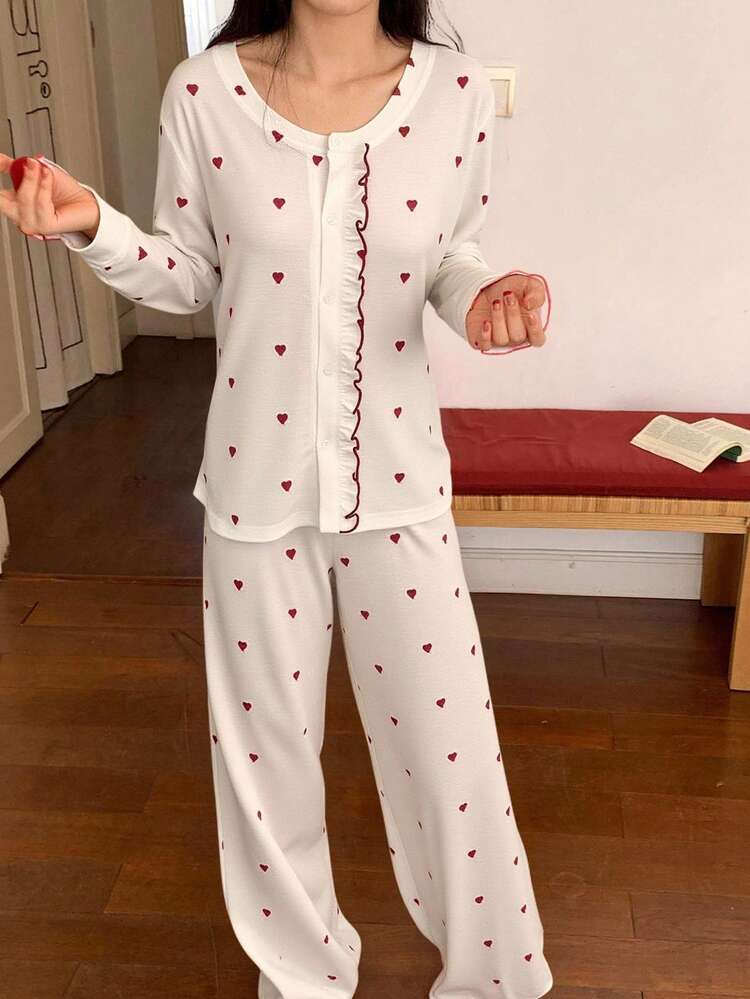2pcs Women Loose Frill Trim Heart Shaped Cardigan And Pants Pajama Set, Spring/Autumn