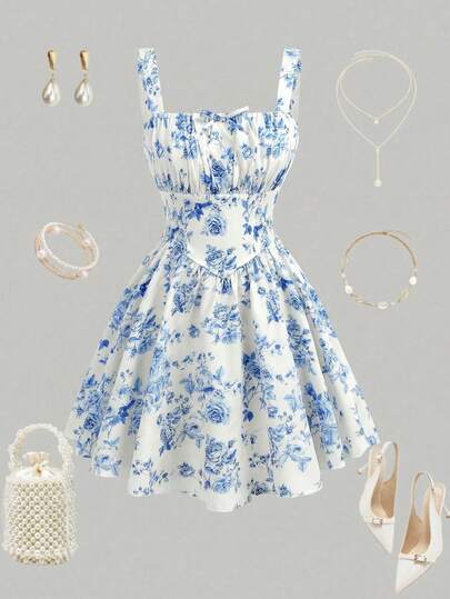 Girlism Vestido casual de vacaciones con tirantes finos con estampado floral azul y blanco para adolescentes