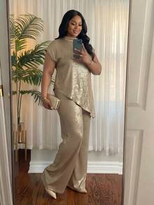 SHEIN Lady 大码女式立领金属质感不对称下摆短袖上衣搭配阔腿裤休闲套装 - 金色 - 查看 4