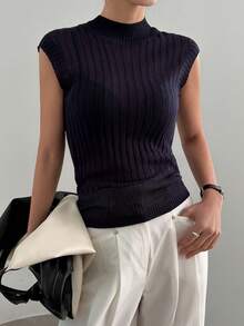 DAZY 女士夏季圆领短袖薄纱露背性感休闲修身针织上衣 - 藏蓝色 - 查看 1