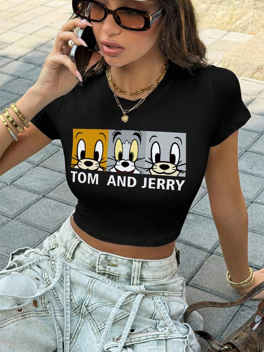 TOM & JERRY X SHEIN 女士休闲卡通字母印花修身短款T恤，夏季 - 黑色 - 查看 1