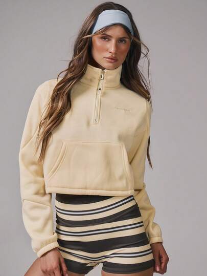 Musera Sport Funnel Neck Zip Through Cropped Jumper Sport Workout Gym Pilates Fitness Daily Casual Banana Pudding