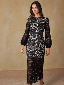 Aveloria Rosie European & American Style Fashionable Versatile Special Fabric Water-Soluble Lace Waist Cinching Long Sleeve Dress, Autumn/Winter - Black - View 4