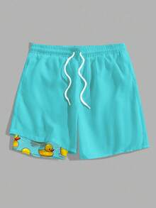 Manfinity RSRT Men's Drawstring Waist Pocket Duck Print Casual Beach Shorts - Teal Blue - View 2