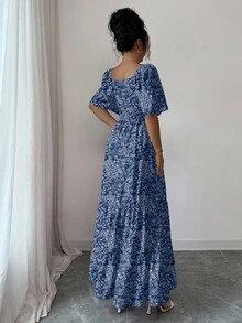 Elenzga 夏季短袖度假沙滩音乐节甜心领碎花连衣裙 - 藍色 - 查看 2