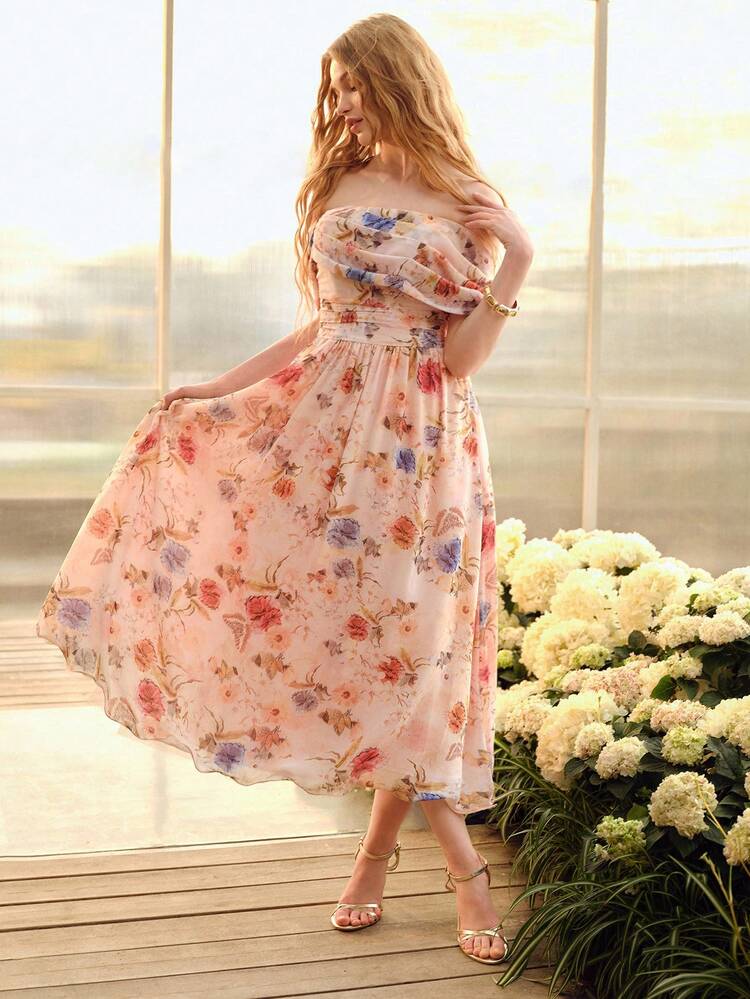VESTIDO ENVELOPE ESTAMPADO COM FLORES ROMÂNTICO PARA MULHERES, PRIMAVERA/VERÃO