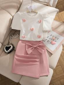 Elladie kids Niña preadolescente: 1 pieza Blusa con manga abullonada con estampado de corazón y 1 pieza Falda con lazo y dobladillo envolvente - Rosa - Ver 3