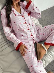 Aloruh 条纹爱心拼接领上衣和裤子睡衣套装，秋冬服装 - 彩色 - 查看 2