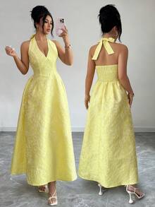 Elenzga Women's Elegant Jacquard Halter Tie Dress, Suitable For Summer Vacation - Yellow - View 3