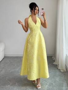 Elenzga Women's Elegant Jacquard Halter Tie Dress, Suitable For Summer Vacation - Yellow - View 8