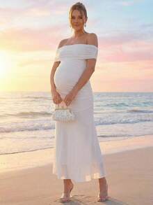 Loomaby 孕妇纯色露肩褶皱修身优雅连衣裙 - 白色 - 查看 9