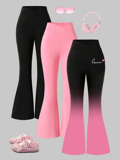 SHEIN ChillGRL 3pcs/Set Tween Girls' Fashionable Black To Pink Ombre Skinny Flare Pants, Versatile Casual Wear For Spring, Summer And Autumn