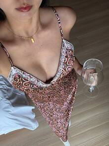 DAZY Summer Beach Vacation Floral Print Lace Patchwork Cinched Waist Back Camisole Dress For Women Pajamas - Brown - View 3