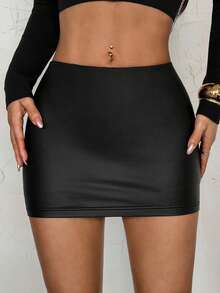 SHEIN PETITE Women's Sexy Casual Black PU Low Waist Bodycon Mini Skirt (With Leggings Included), Black Mini Skirt, Tight Skirt, Short Black Skirt - Black - View 9