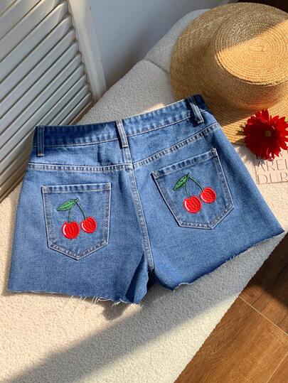 Comfortcana Women's Cherry Embroidery Pocket Frayed Hem Casual Denim Shorts Summer Holiday Outfits  Spring Break Outfits Valentines Day Outfit Carnival Costume For Women Beach Shorts Vacation Outfits Women Beach Vacation Outfits For Women Casual Shorts Casual Outfit For Women Women's High Waist Denim Shorts With Cherry Embroidery, Raw Hem Summer Casual Blue Jean Shorts For Her