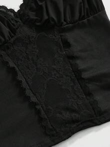 ROMWE Y2K 深色透明贝壳撞色蕾丝边低领女式吊带背心 - 黑色 - 查看 4