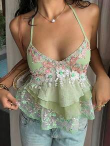 Sunnyshic 浪漫蕾丝拼接流苏吊坠项链上衣 - 綠色 - 查看 1