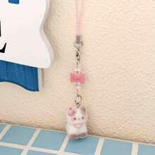 1pc Kawaii 3D Flocked Cat Charm | Girly Phone Strap & Keyring For BFFs - Multicolor - View 3