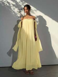 Aloruh 女士波西米亚风露肩飘逸雪纺褶皱绳结蝴蝶结A字宽松粉色女神长裙，适合春夏度假穿着 - 淡黃色 - 查看 4