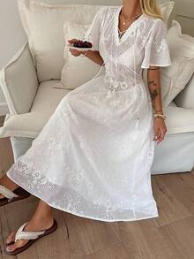 DAZY Đầm maxi nữ kiểu dáng thường ngày, màu trơn, thêu họa tiết rỗng, thích hợp cho kỳ nghỉ hoặc phong cách boho. - trắng - Xem 5