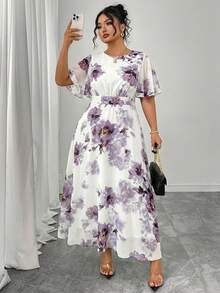 Modelyn Đầm maxi chiffon dáng suông, cổ tròn, tay bồng, ôm sát, chất liệu xếp ly, dành cho nữ cỡ lớn, thích hợp cho mùa xuân/hè. - Màu tím - Xem 1