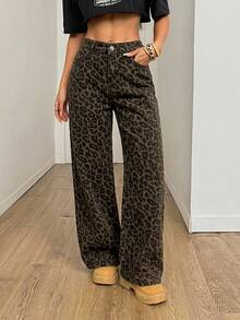 SHEIN PETITE Women's Camouflage Pattern Elastic Waistband Jeans Winter Jeans Party Streetwear Jeans - Brown - View 4
