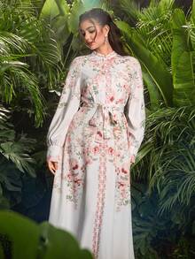 Modelyn 度假风V领长袖系带喇叭中长连衣裙，印花图案，女士，春夏款 - 彩色 - 查看 5