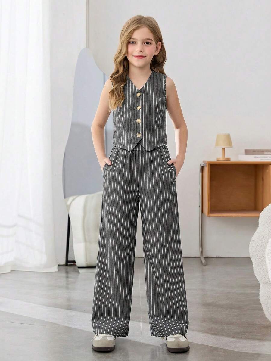SHEIN 少女休闲度假条纹背心和阔腿裤两件套 - 黑與白 - 查看 1