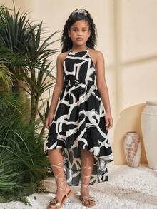 SHEIN Đầm không tay cổ yếm họa tiết hoa tối giản thanh lịch dành cho bé gái tuổi teen - màu đen - Xem 5