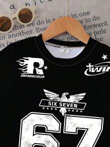 SHEIN Explorewe 一套青少年男童休闲酷炫运动风黑白字母“67”及老鹰印花短袖T恤和短裤套装，夏季 - 彩色 - 查看 6