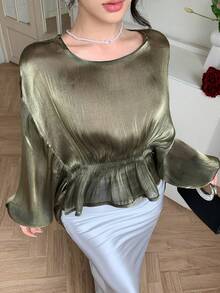 DAZY Spring & Summer Green Chiffon Blouse, Asymmetric Hem Design, Casual, Elegant, Suitable For Dates, Weddings, Vacations, Commuting, Ruffle Waist Long Sleeve Women Shirt - Dark Green - View 8