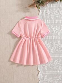SHEIN 1 chiếc đầm trắng thường ngày cho bé gái, cổ và tay áo bo gân, thích hợp mặc ở nhà, đi chơi, chơi thể thao, dự tiệc. - Hồng - Xem 2