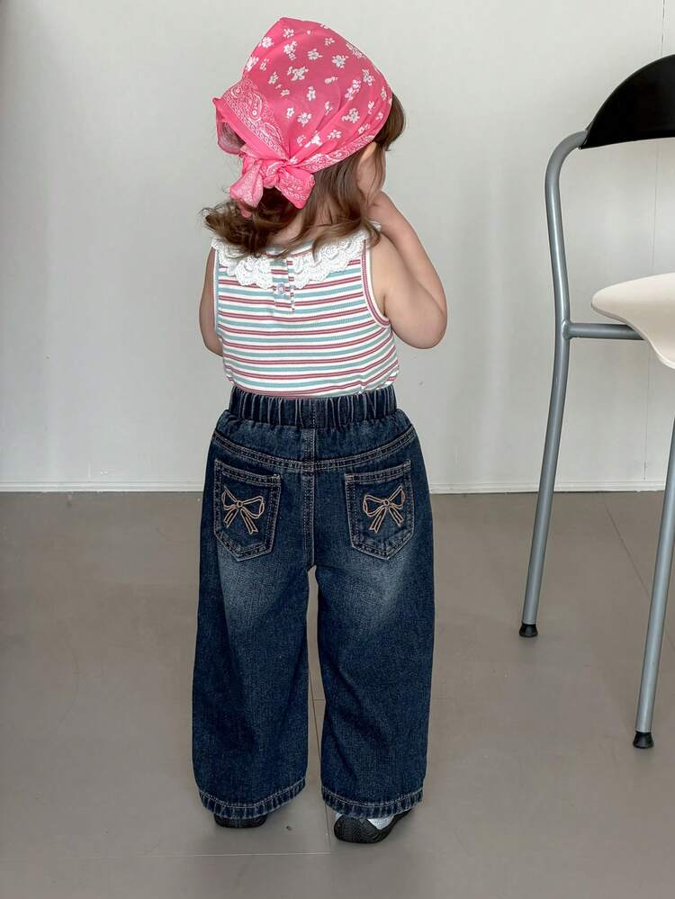Toddler Girls' Casual Washed Korean Style Cat Whisker Loose Wide-Leg Jeans
