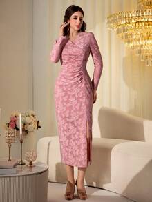 Modelyn V-Neck Pleated Cutout Knit Elegant Dress - Pink - View 9