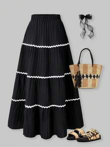 SHEIN ChillGRL Streecool 少女百褶裙，长裙，蛋糕裙，撞色波浪荷叶边，优雅休闲，适合日常穿着，四季皆宜 - 黑色 - 查看 3