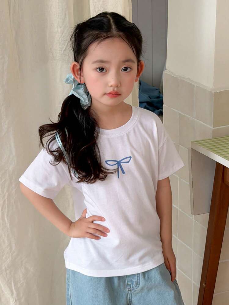 Young Girl Slogan Bow Print Round Neck Short Sleeve Casual T-Shirt