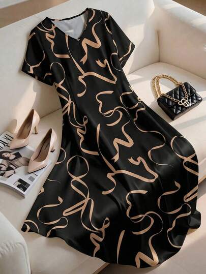 Miaspire 女士印花V领短袖休闲宽松连衣裙