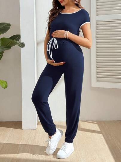 SHEIN 孕妇撞色滚边短袖休闲舒适透气抽绳连体裤